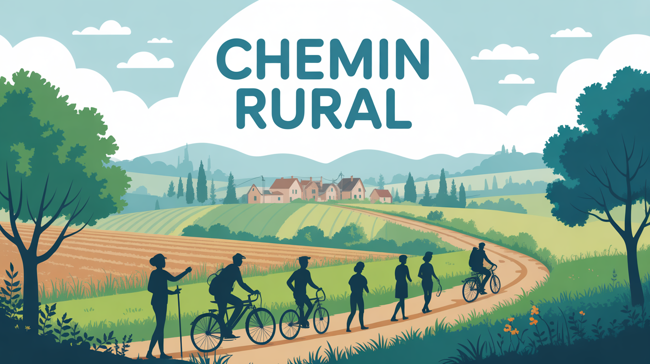 illustration chemin rural village arbres usagers