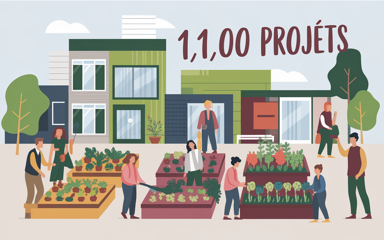 Infographie batiments modernes et potager habitat participatif