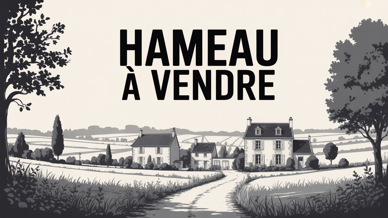 Vue panoramique stylisee d'un hameau a vendre en France