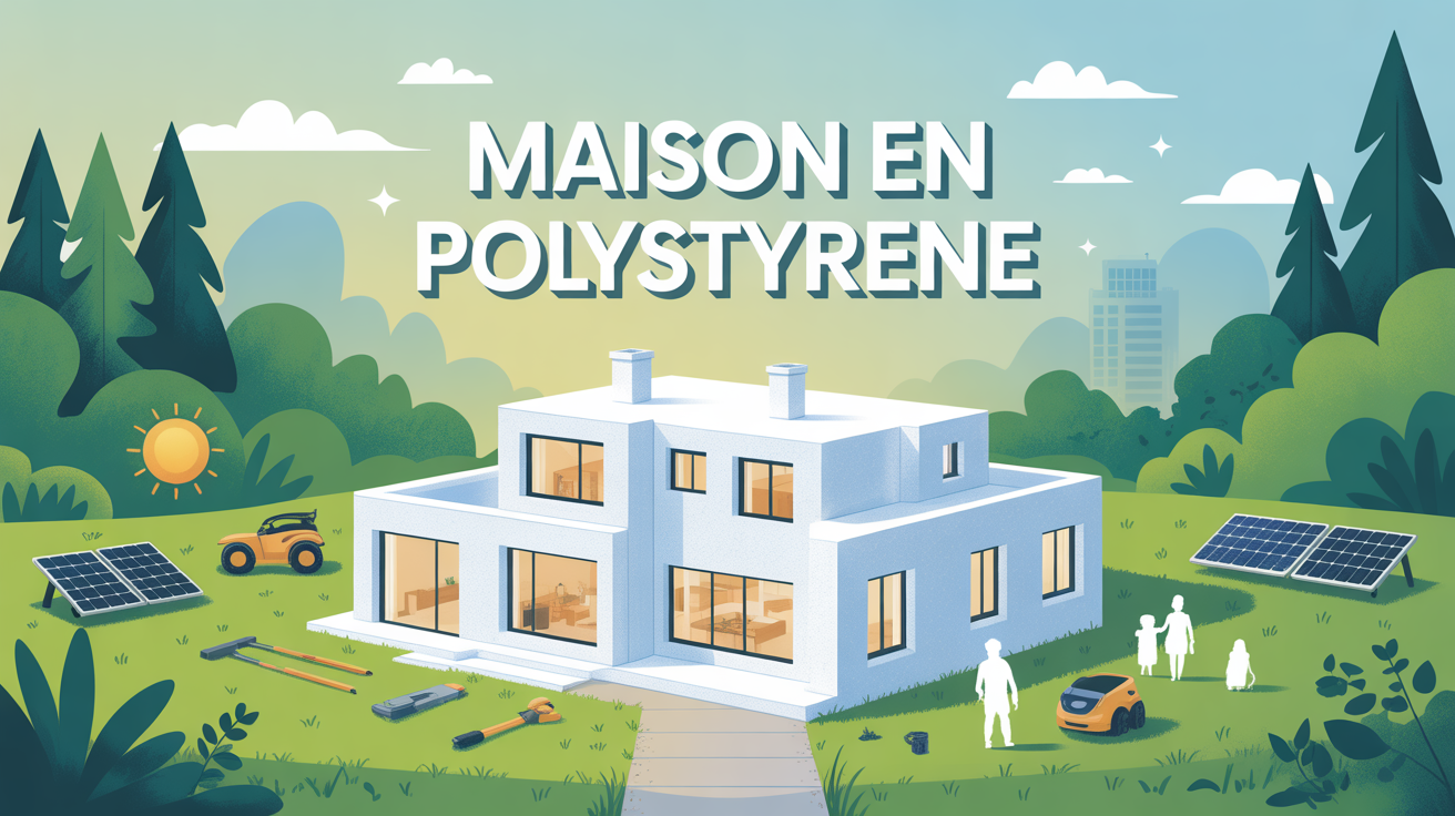 Visuel maison polystyrene moderne avec panneaux solaires et famille