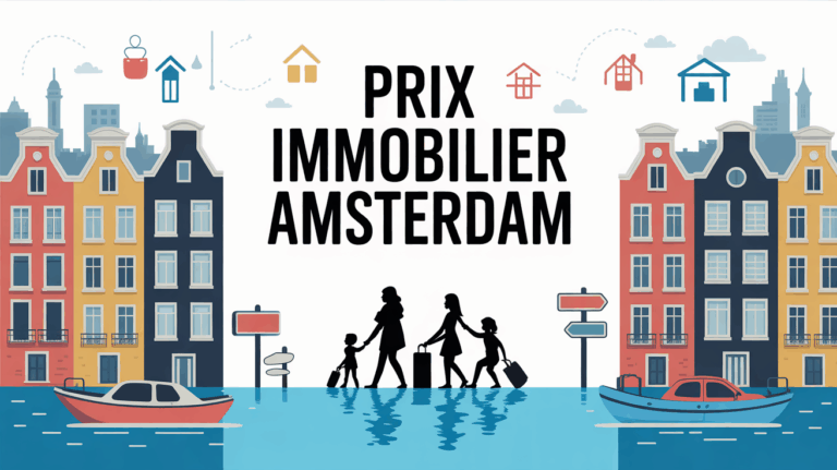 Illustration canal Amsterdam, maisons colorées et prix immobilier