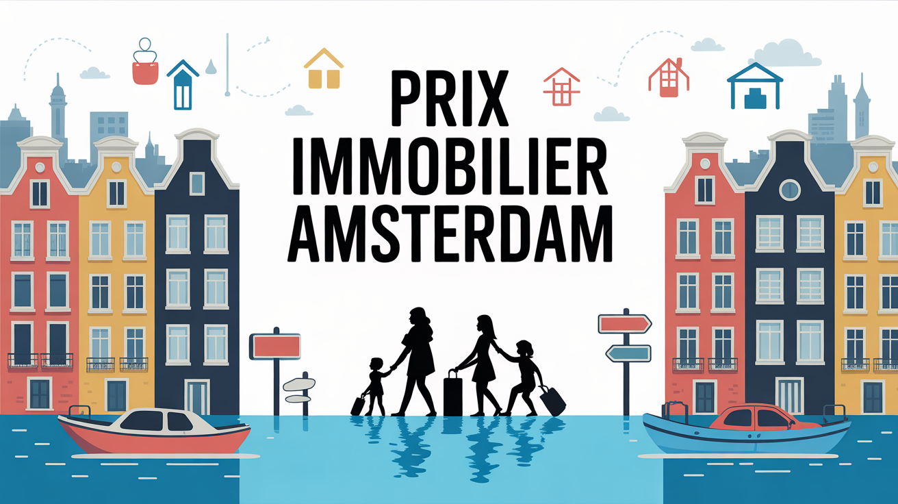 Illustration canal Amsterdam, maisons colorées et prix immobilier