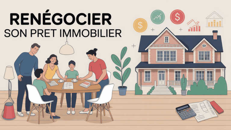 Famille simulant renégociation prêt immobilier dans salon moderne