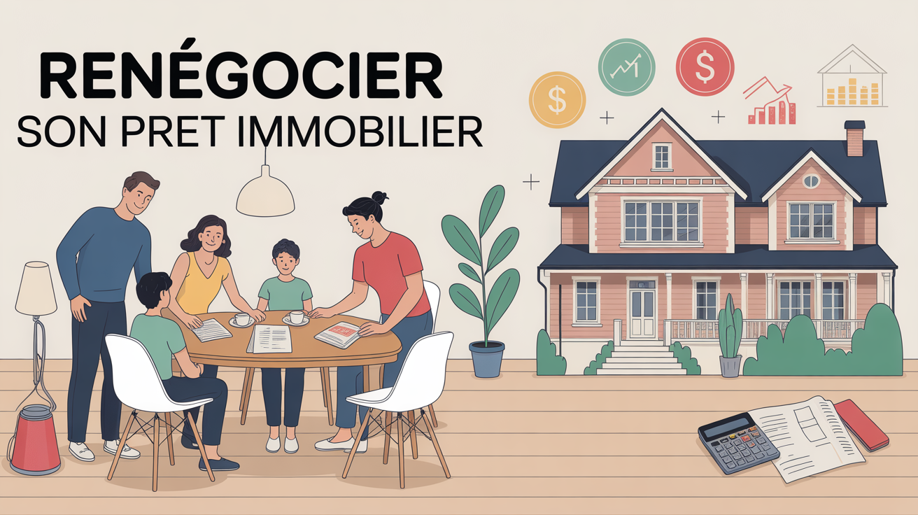 Famille simulant renégociation prêt immobilier dans salon moderne