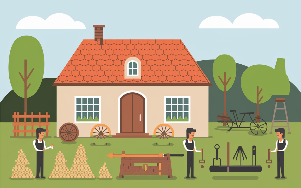 Chantier renovation hameau a vendre illustration stylisee