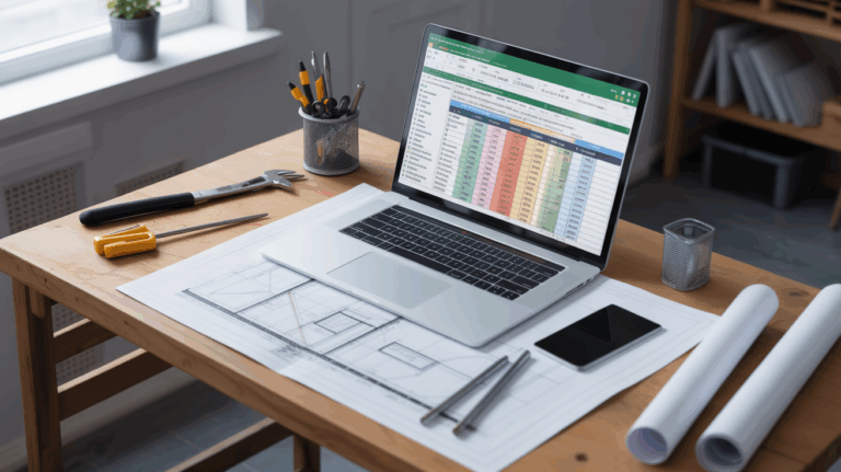 Illustration bureau chantier avec tableau Excel chiffrage travaux