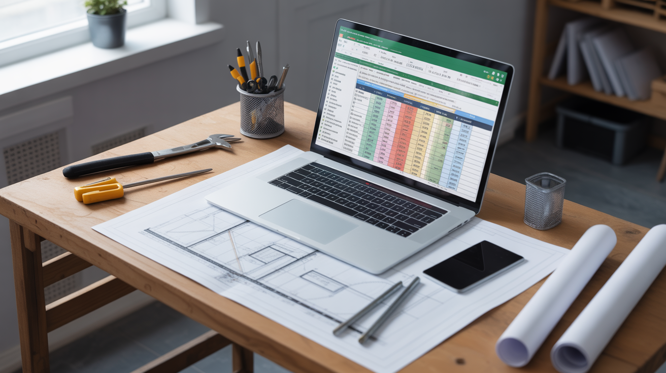 Illustration bureau chantier avec tableau Excel chiffrage travaux
