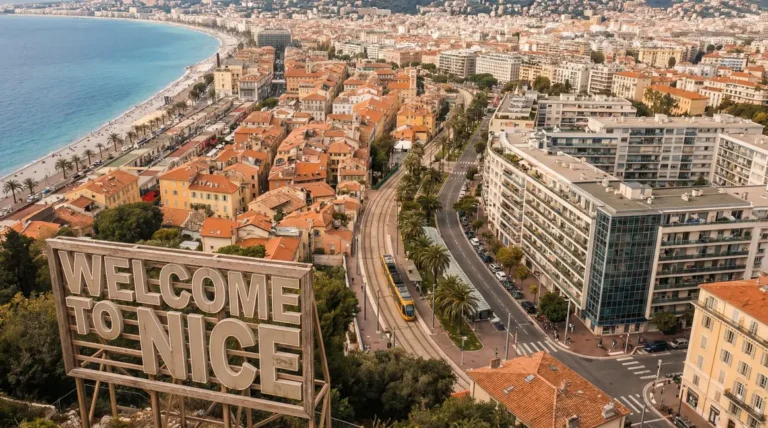 Vue aérienne de Nice immobilier 2026 quartiers et tramway