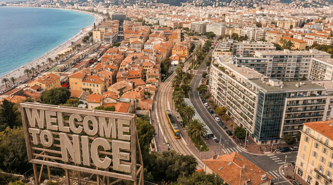 Vue aérienne de Nice immobilier 2026 quartiers et tramway