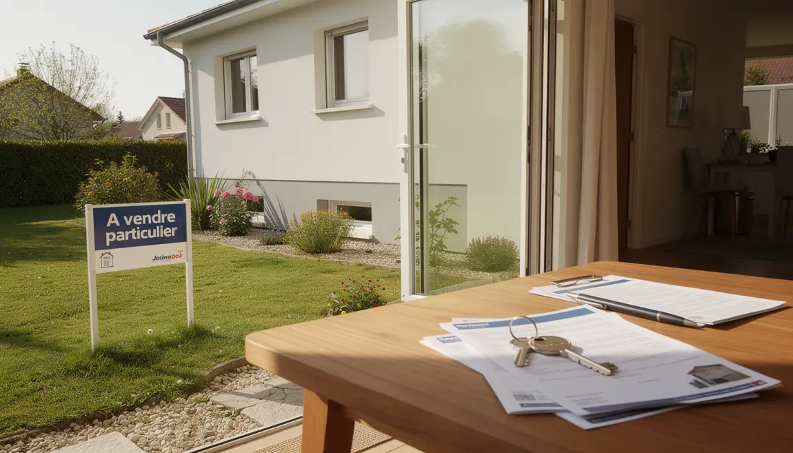Maison individuelle photorealiste avec panneau à vendre et documents immobiliers