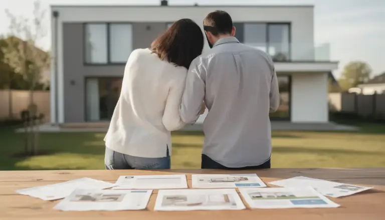 Couple examine offre achat maison, table et documents
