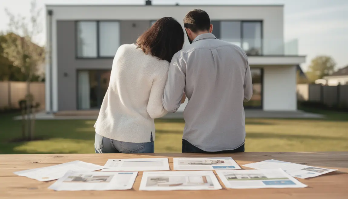 Couple examine offre achat maison, table et documents