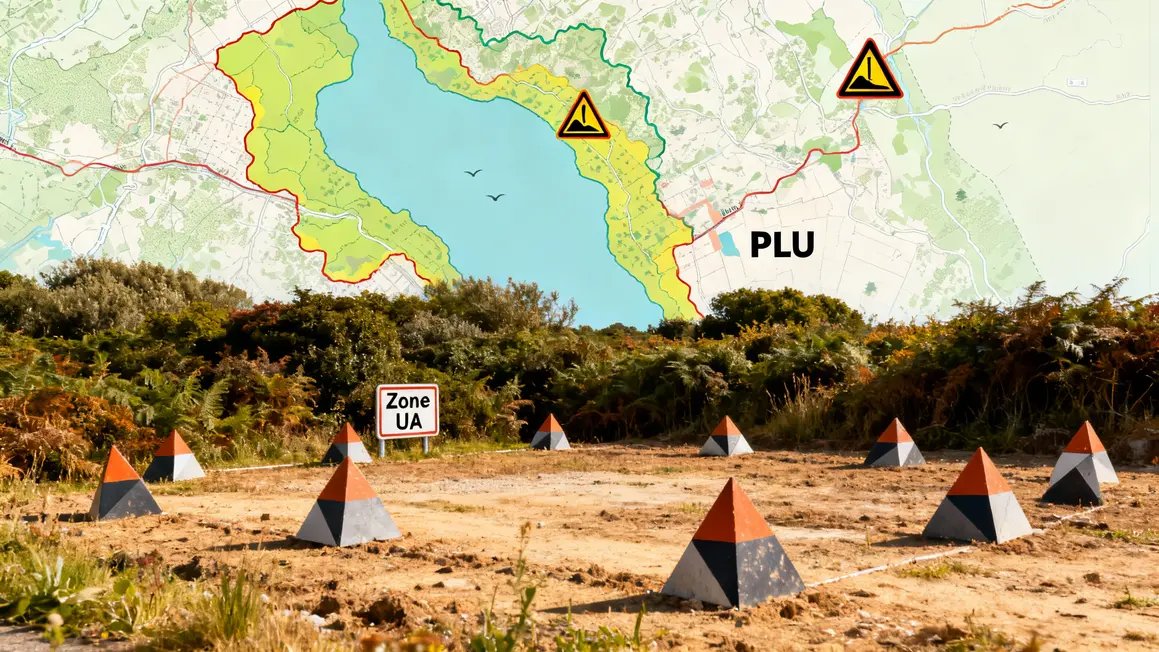 Terrain constructible délimité, panneau Zone UA et PLU Bretagne