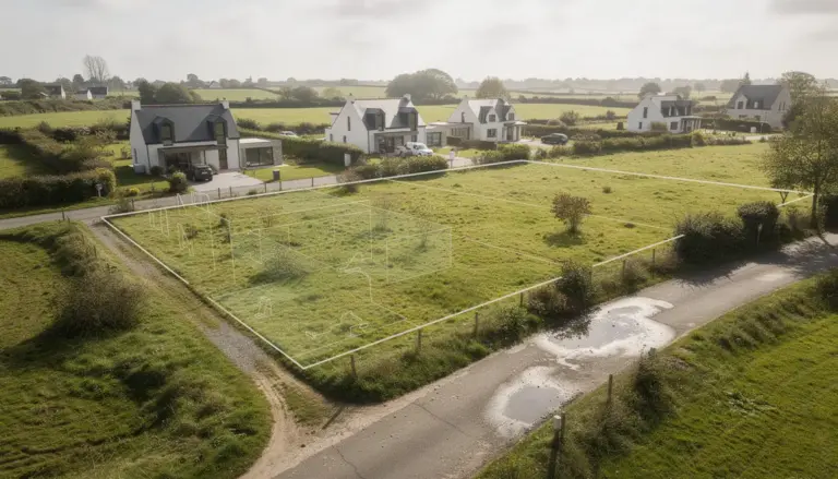 Vue aérienne d'un terrain constructible en Bretagne avec plan cadastral
