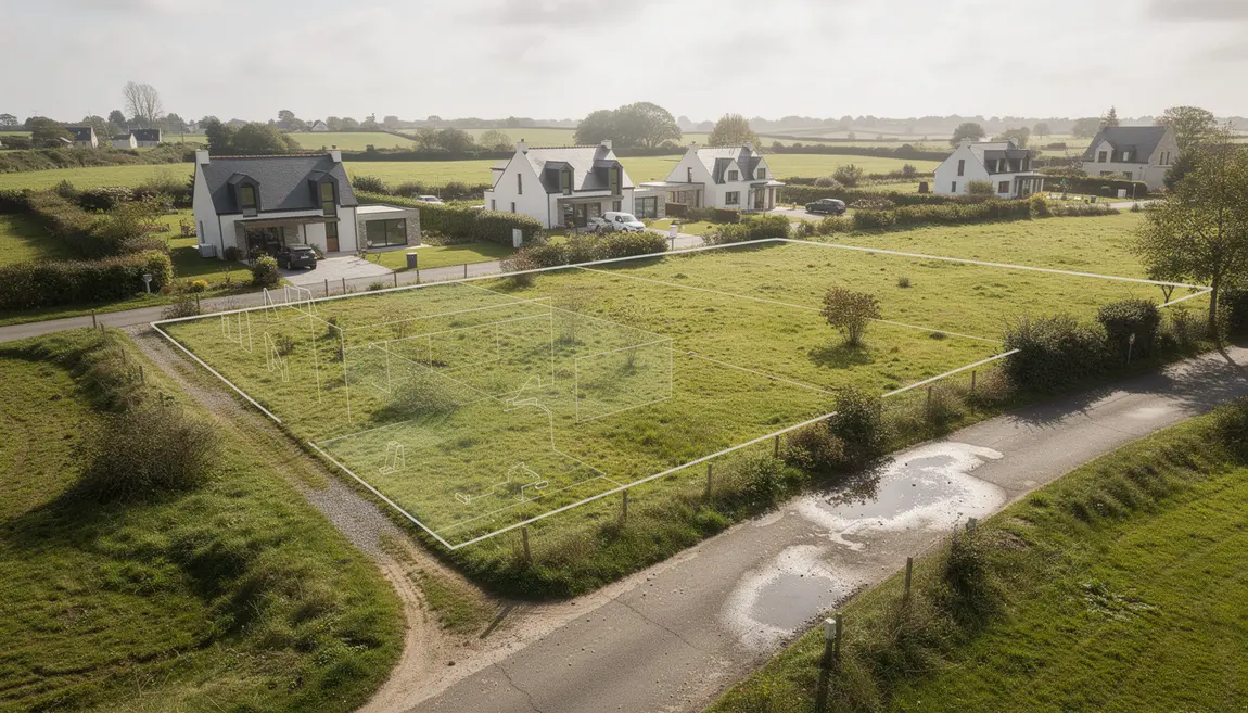 Vue aérienne d'un terrain constructible en Bretagne avec plan cadastral
