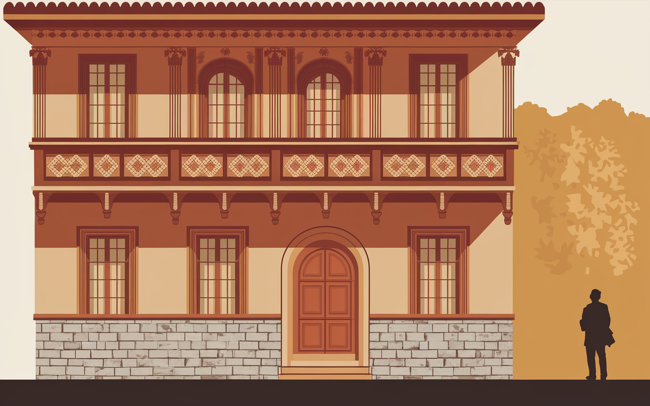 Vue facade colombage maison ossature bois torchis pierre