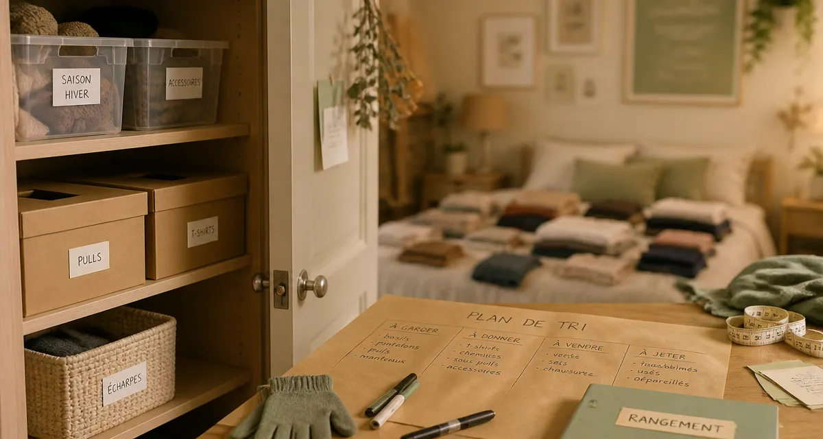 Aide rangement maison : placard entrouvert, boîtes et tri étiqueté