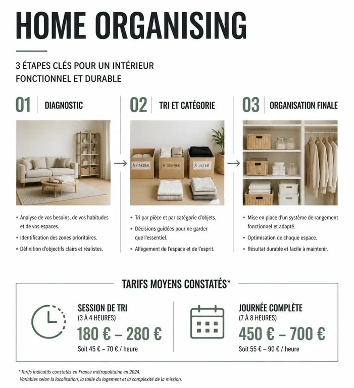 Infographie sur les étapes et les tarifs de l'aide au rangement maison pour optimiser son intérieur