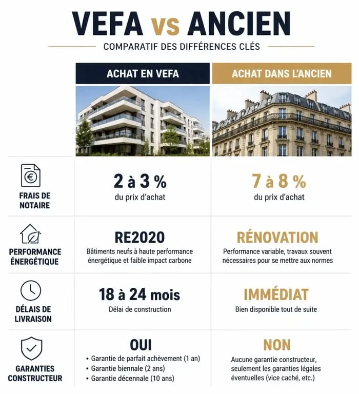 Infographie comparative achat immobilier VEFA vs ancien pour aider à décider s'il faut acheter en VEFA aujourd'hui