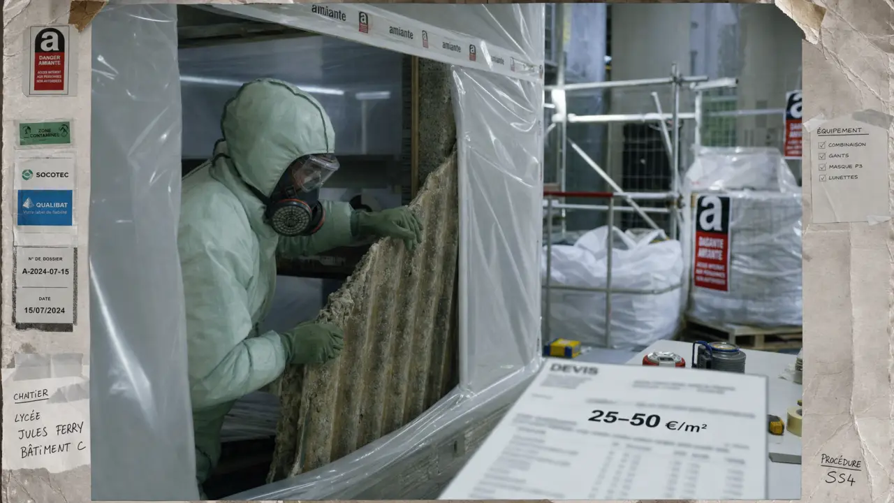 Prix désamiantage : retrait amiante sous confinement, 25 à 120 €/m²