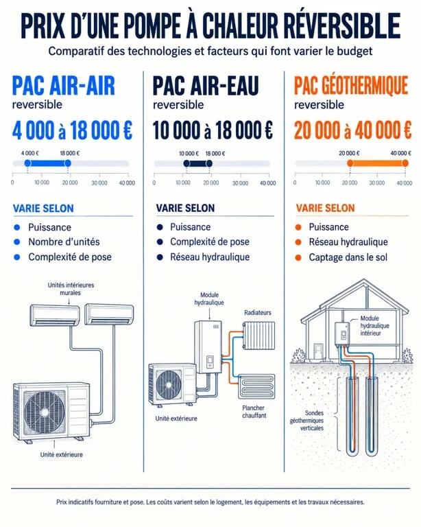 Infographie comparative du prix d’une pompe à chaleur clim réversible selon la technologie