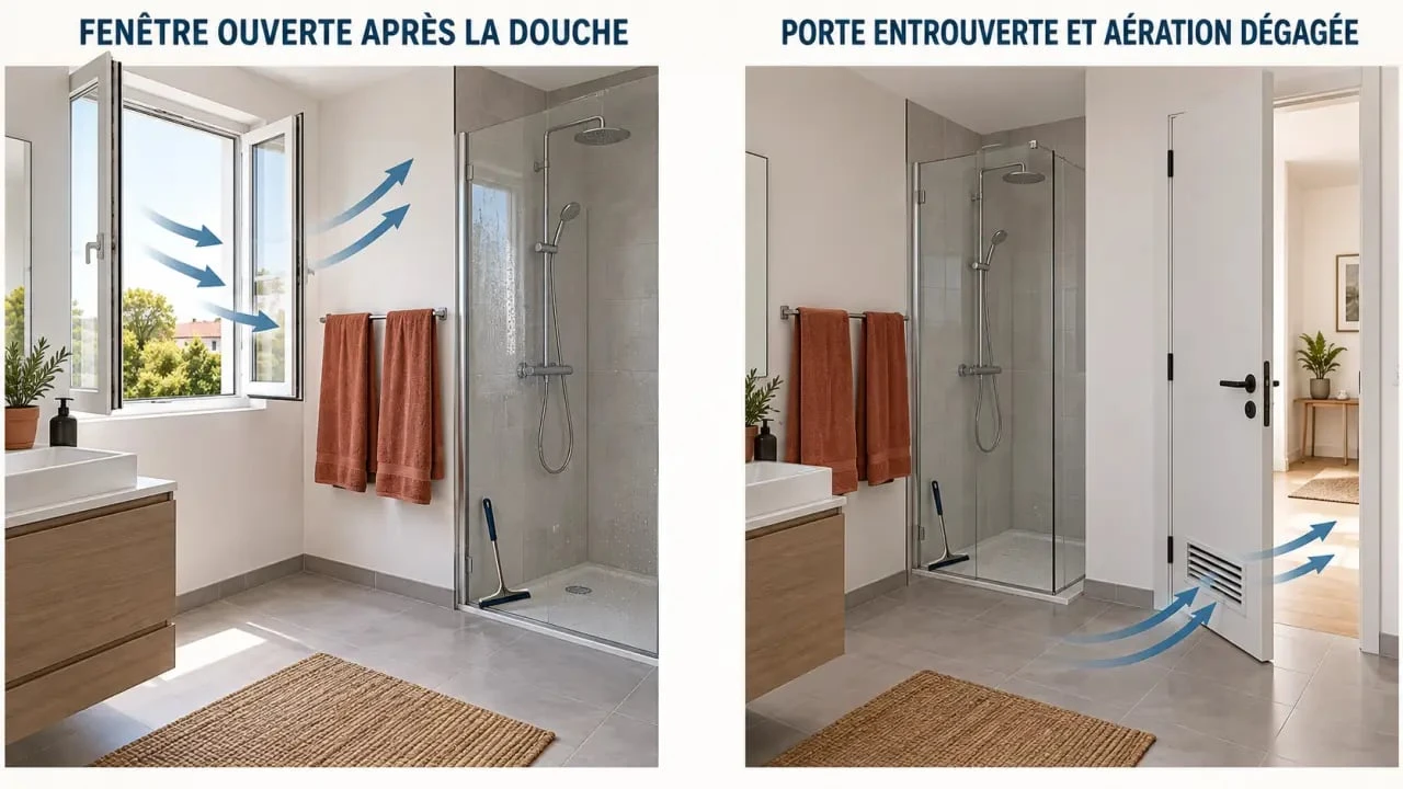 Illustration pour ventiler une salle de bain sans VMC avec fenêtre, grille d’aération et circulation de l’air