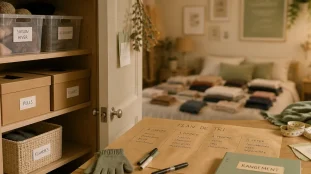 Aide rangement maison : placard entrouvert, boîtes et tri étiqueté