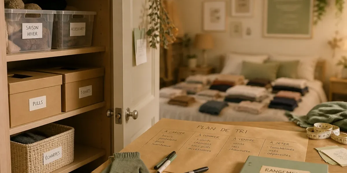 Aide rangement maison : placard entrouvert, boîtes et tri étiqueté