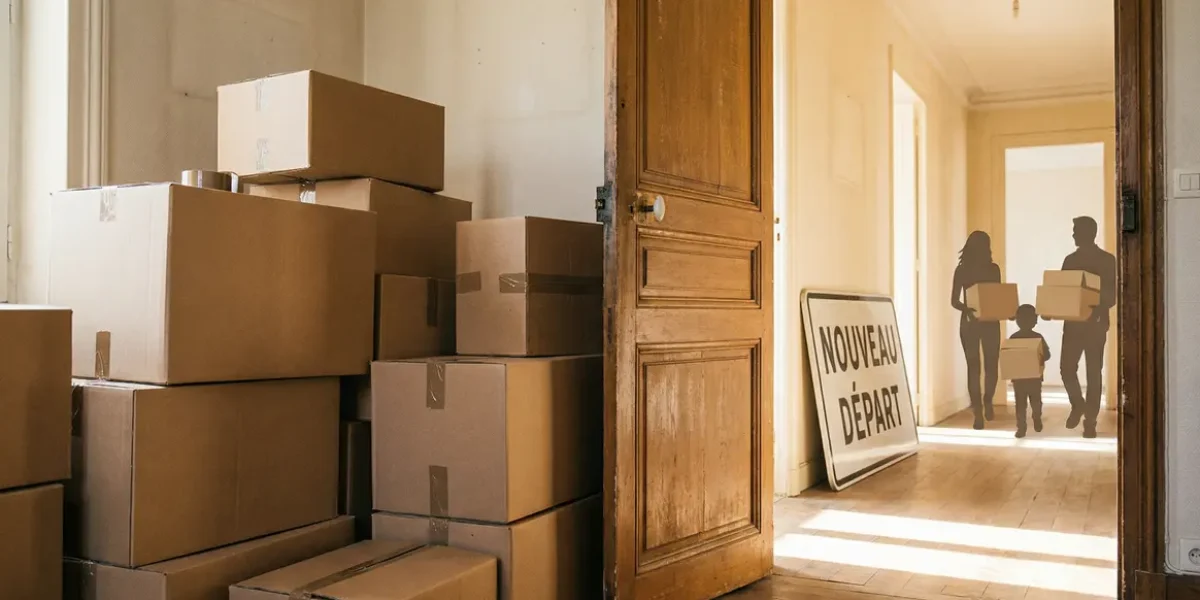 Cartons déménagement entrée symbolisant changement d’adresse