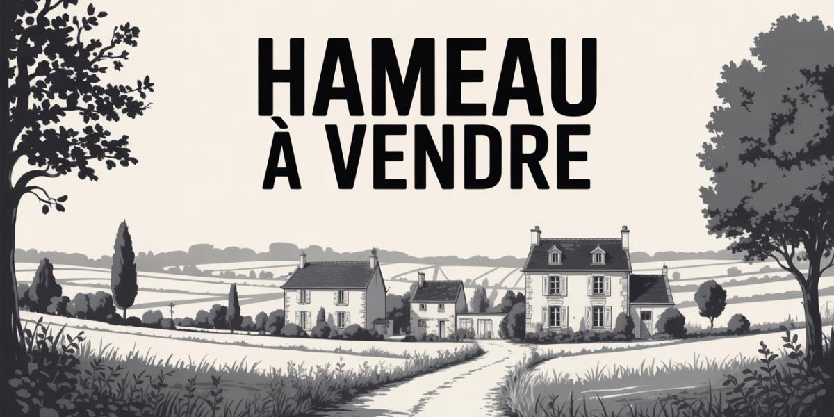 Vue panoramique stylisee d'un hameau a vendre en France