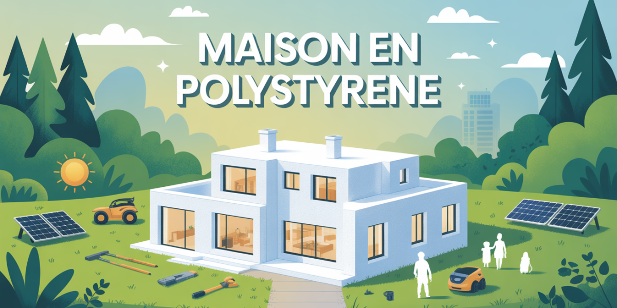 Visuel maison polystyrene moderne avec panneaux solaires et famille