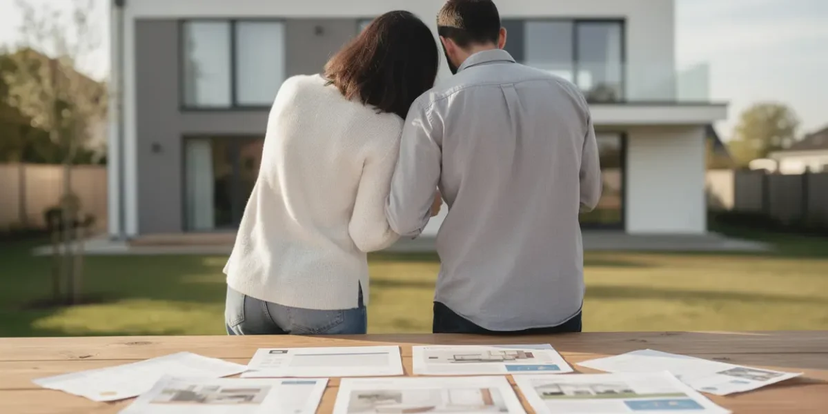 Couple examine offre achat maison, table et documents