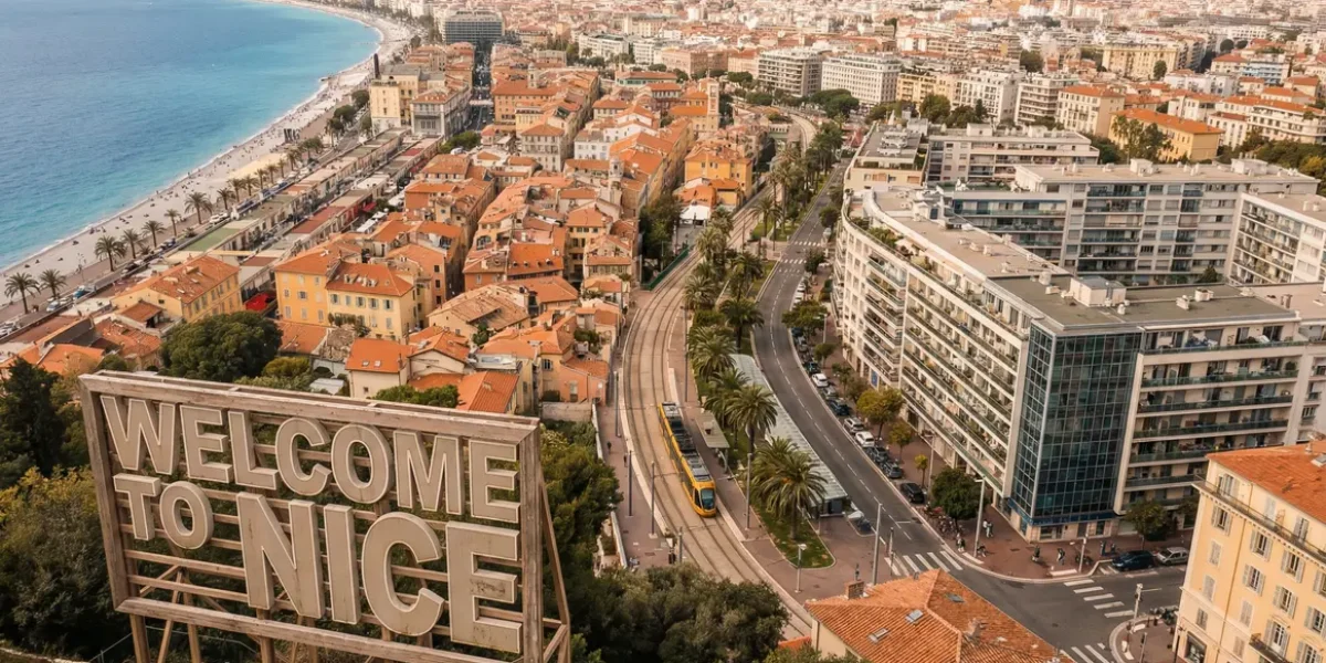 Vue aérienne de Nice immobilier 2026 quartiers et tramway
