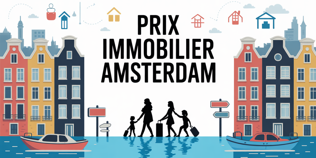 Illustration canal Amsterdam, maisons colorées et prix immobilier