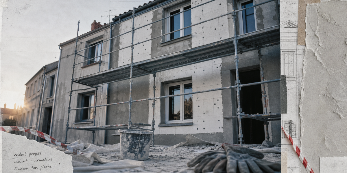 Ravalement ITE : façade avec isolation et échafaudage