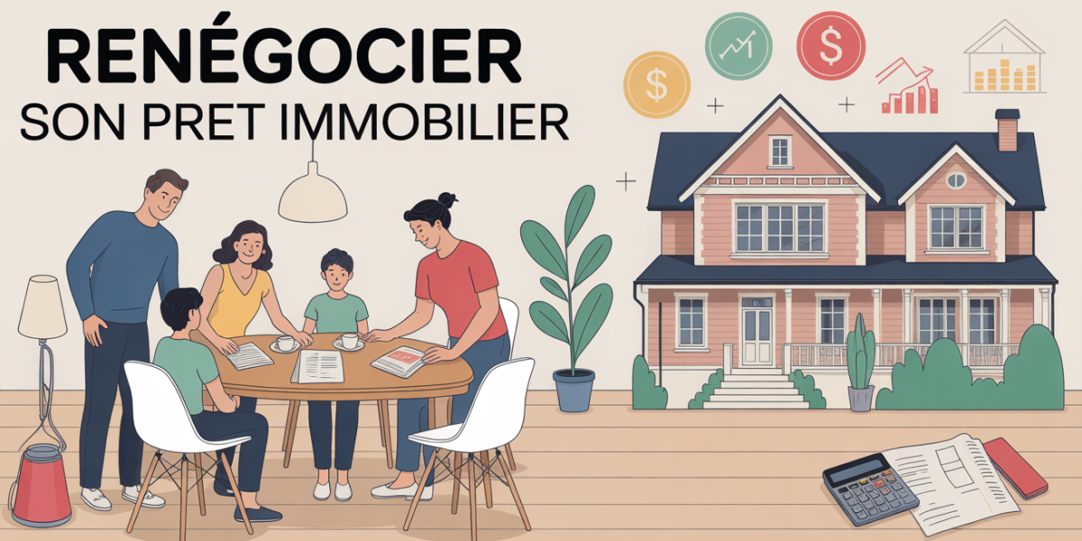 Famille simulant renégociation prêt immobilier dans salon moderne
