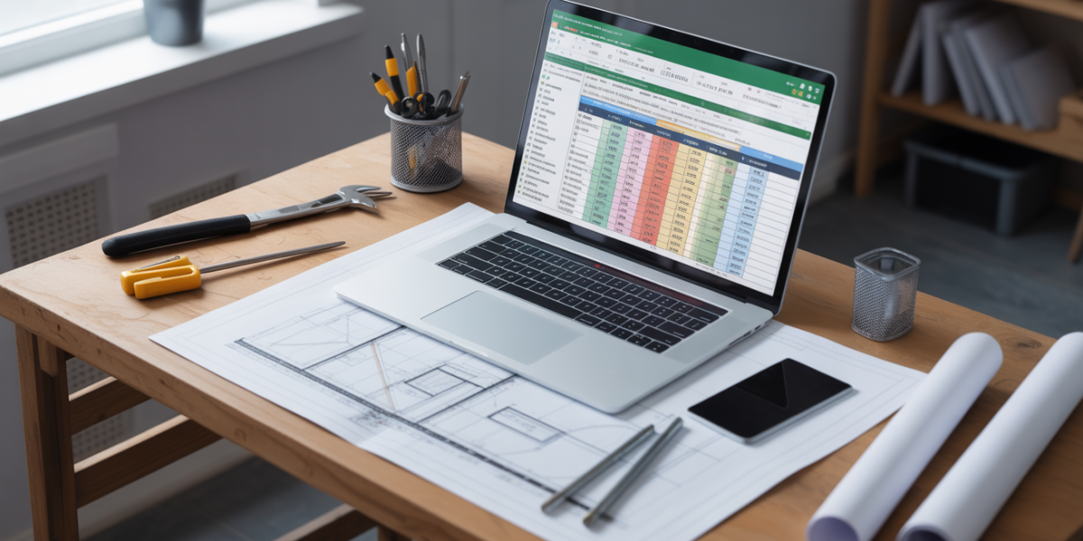 Illustration bureau chantier avec tableau Excel chiffrage travaux