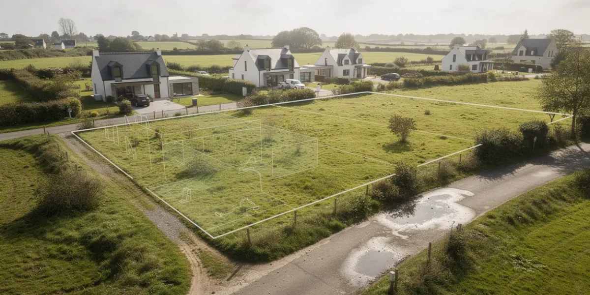 Vue aérienne d'un terrain constructible en Bretagne avec plan cadastral