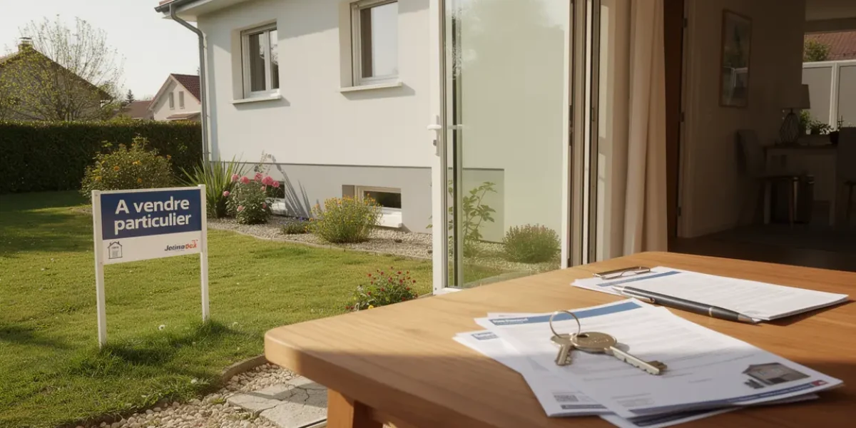 Maison individuelle photorealiste avec panneau à vendre et documents immobiliers